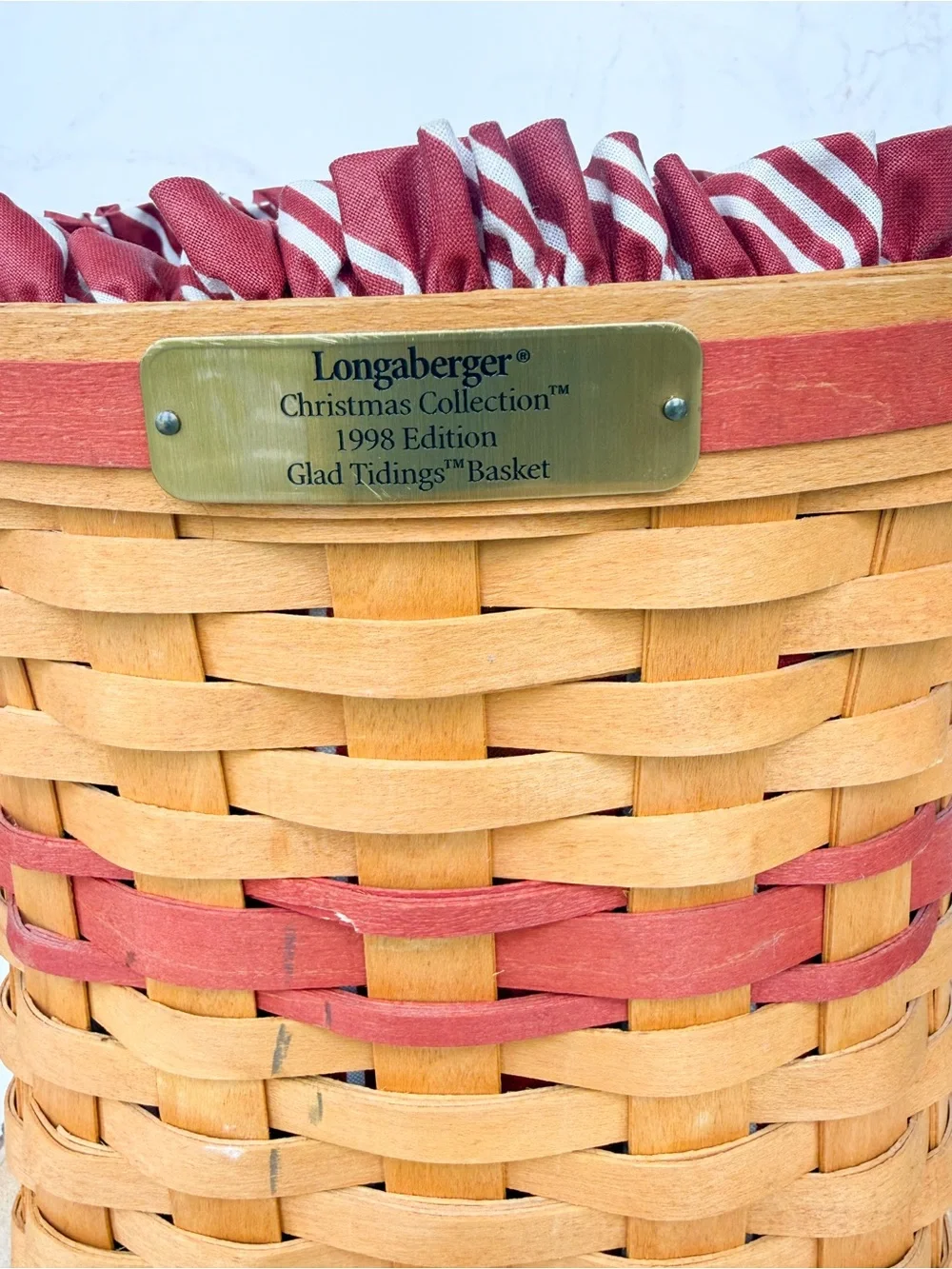 Vintage Longaberger 1998 Glad Tidings Christmas Basket with Striped Fabric Liner